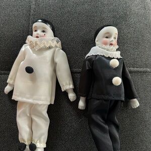 Porcelain Pierrot Clown Dolls Set - Black and White